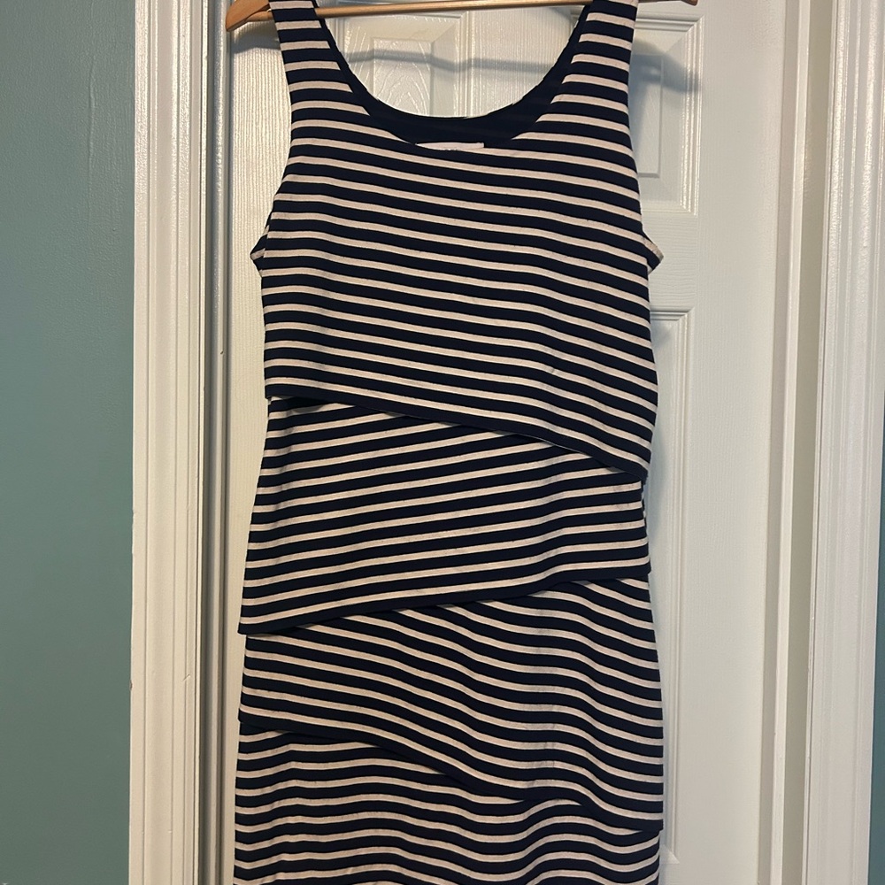 LOFT Navy and Cream Striped Dress